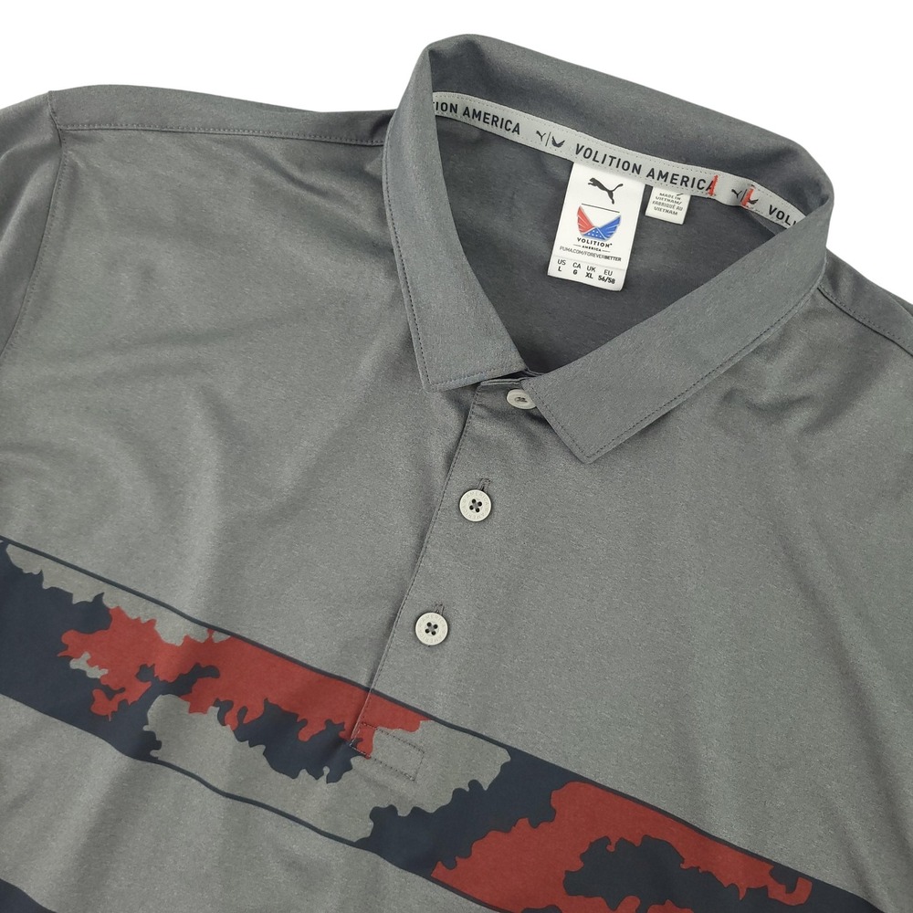 Puma Volition America Polo Shirt Mens L Gray Stripe Golf Performance Stretch Top